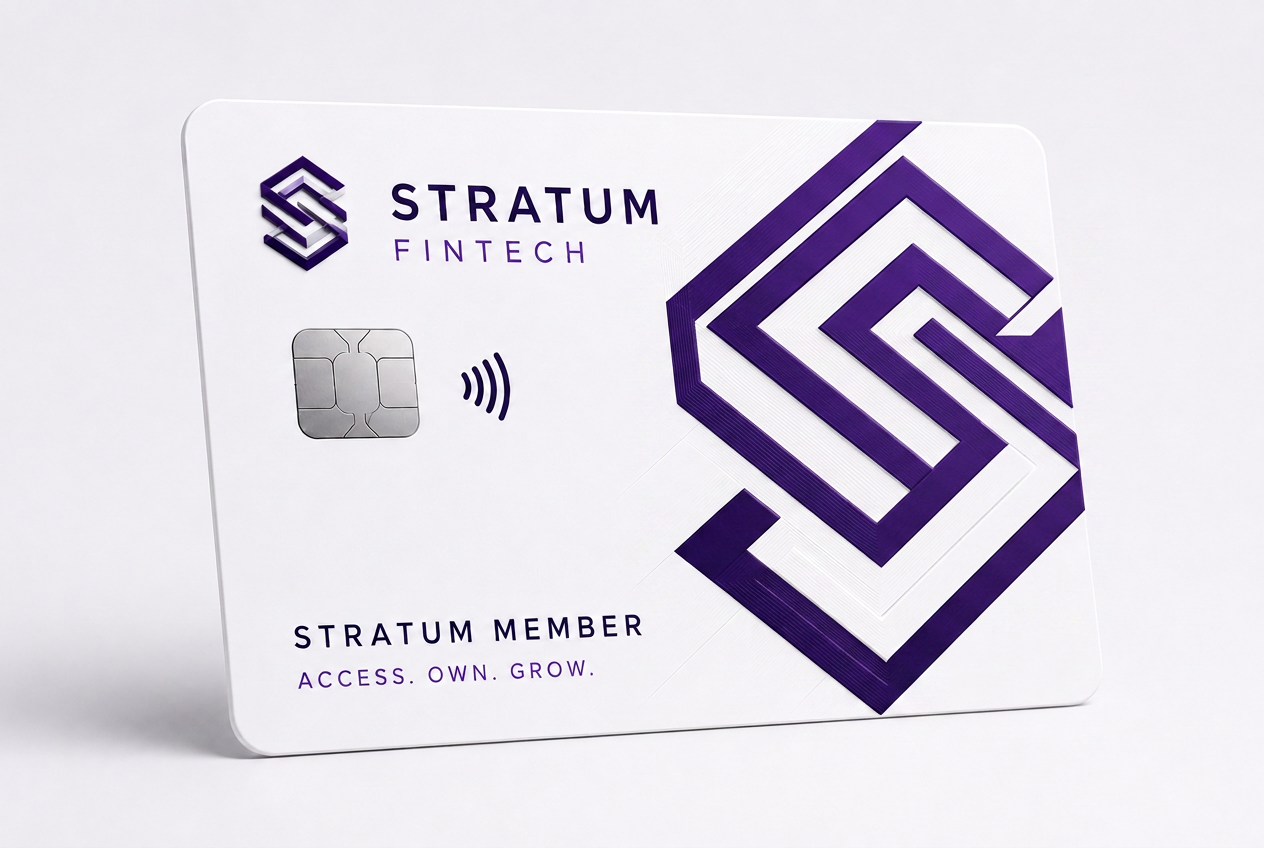 Stratum Fintech member card with dark purple layered S design